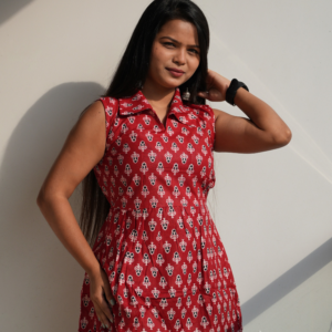 Jaipuri Butti Patern Colared Neck Sleevless Cotton Kurti