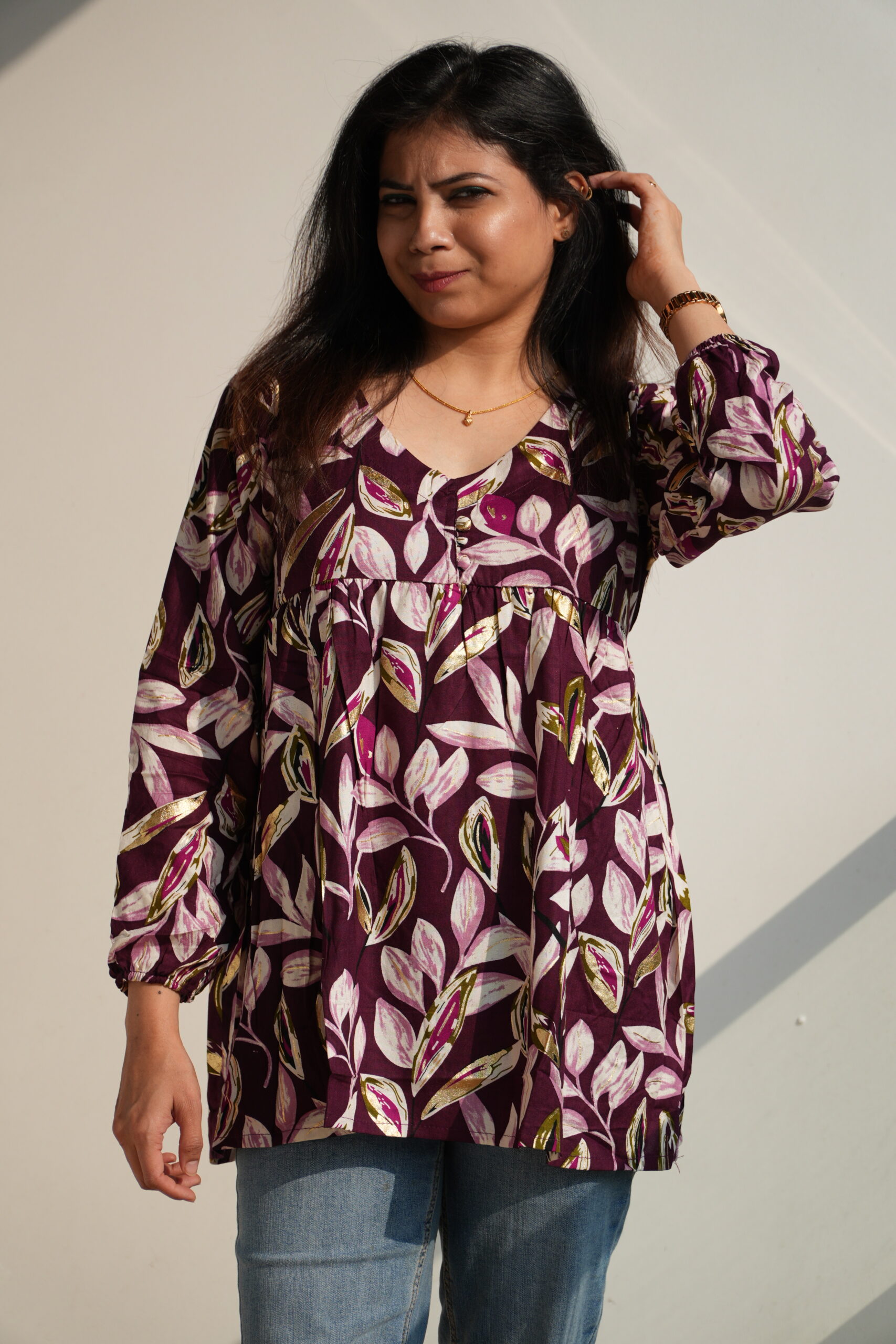 Women's leaves Printed V neck cross back frock pattern Kurti - Image 5