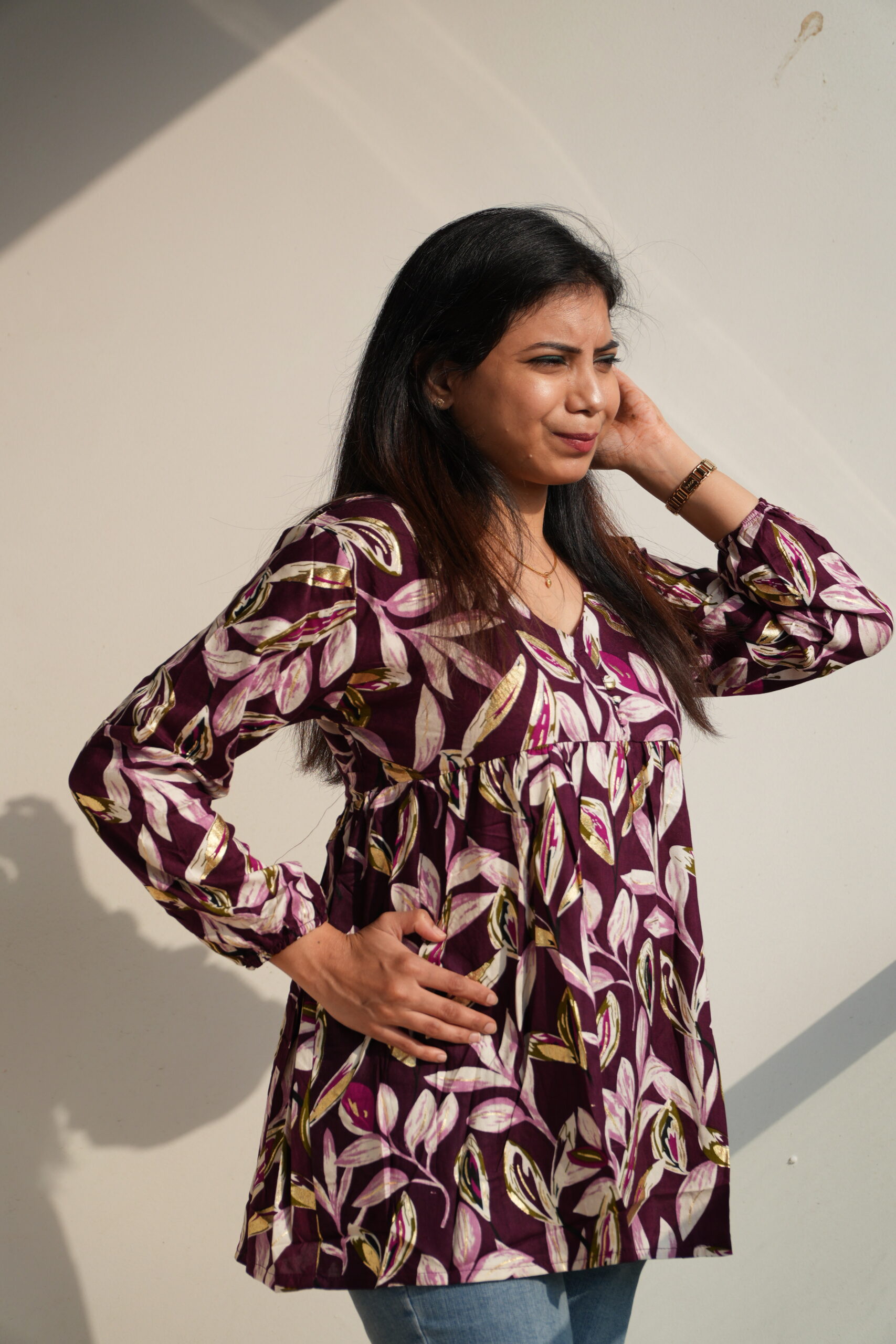 Women's leaves Printed V neck cross back frock pattern Kurti - Image 6