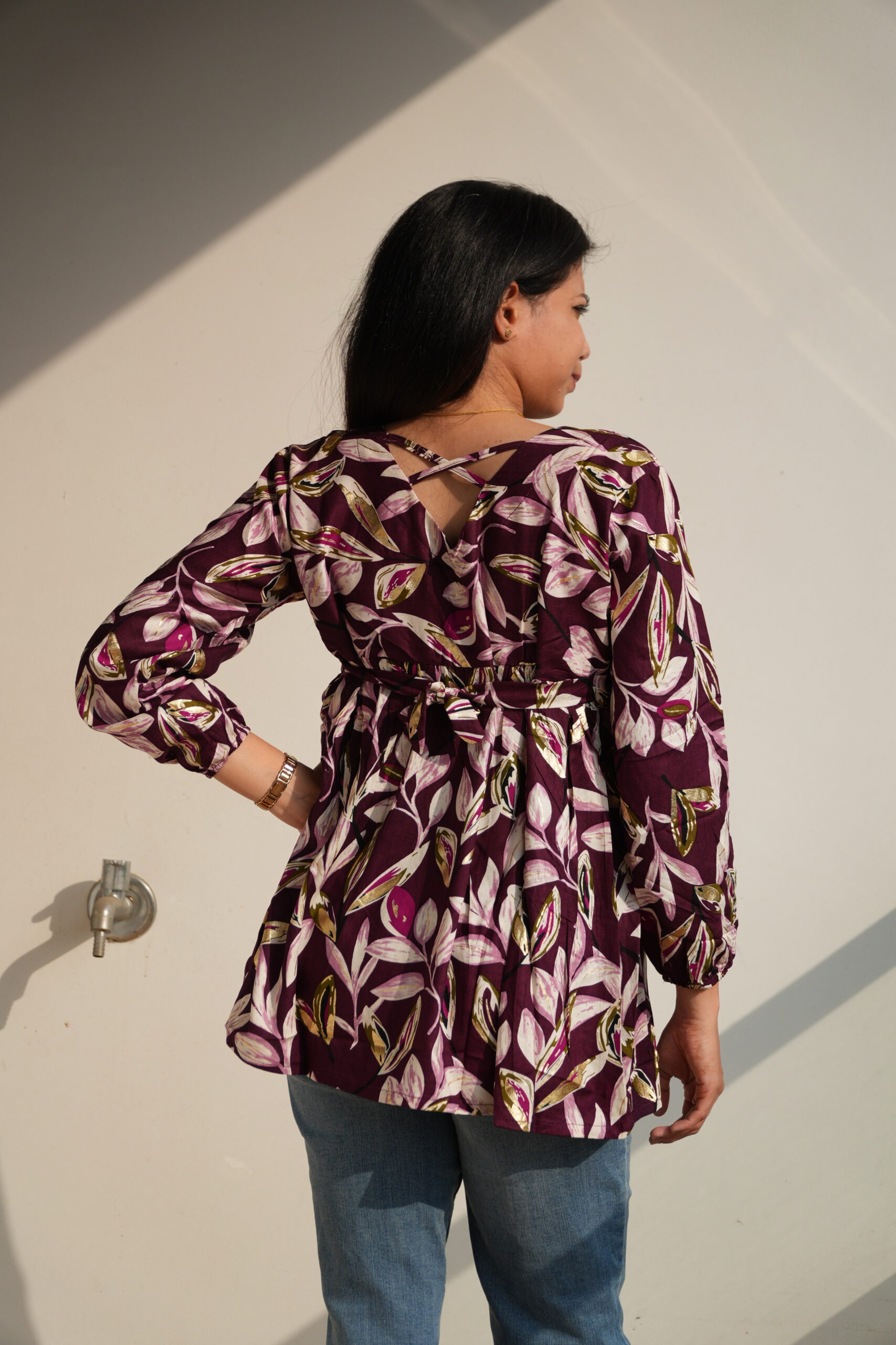 Women's leaves Printed V neck cross back frock pattern Kurti - Image 7