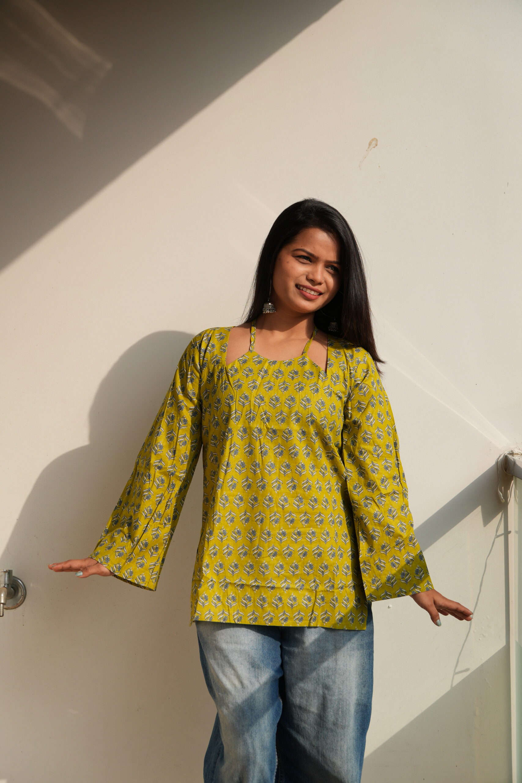 Women's Printed Masaba Neck Back Tie Bell Cotton Kurti - Image 4