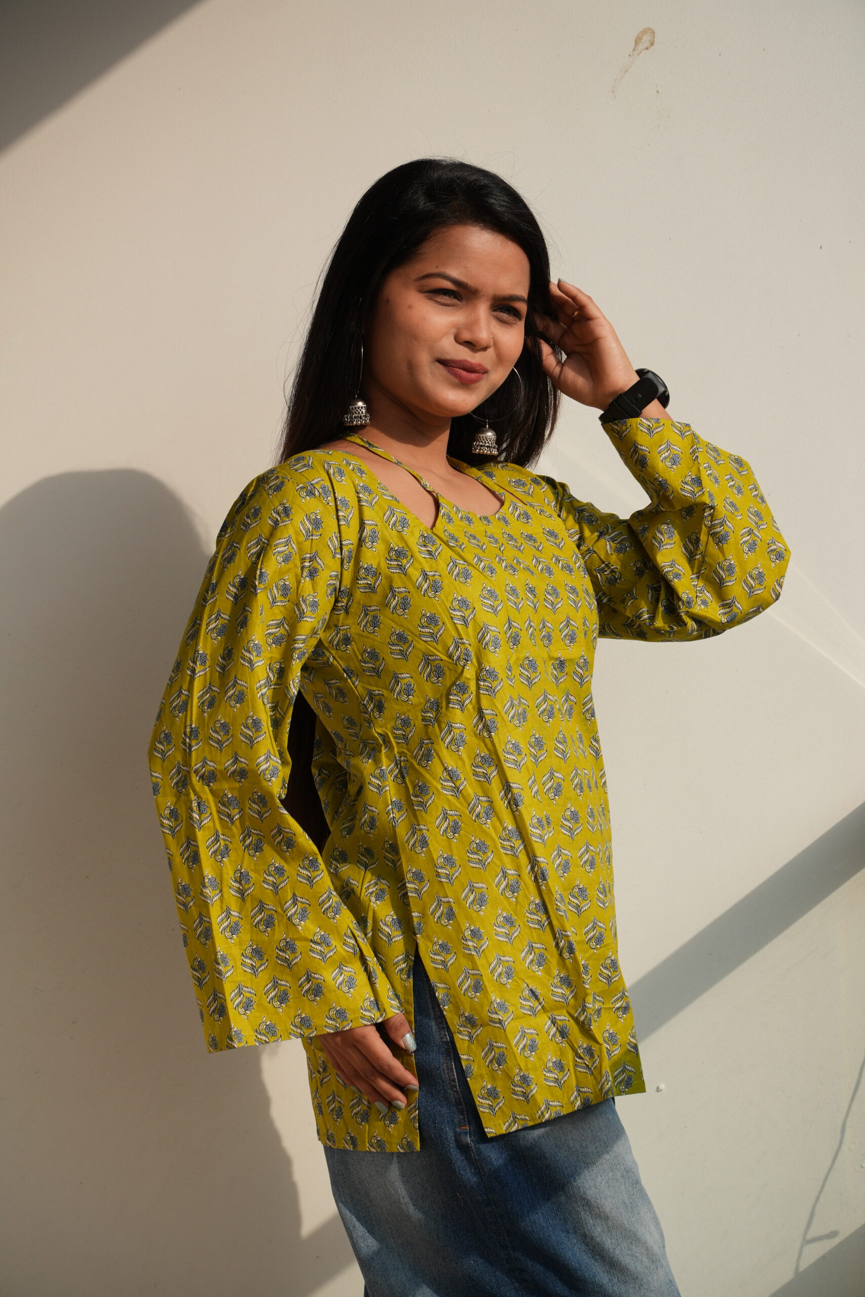 Women's Printed Masaba Neck Back Tie Bell Cotton Kurti - Image 5