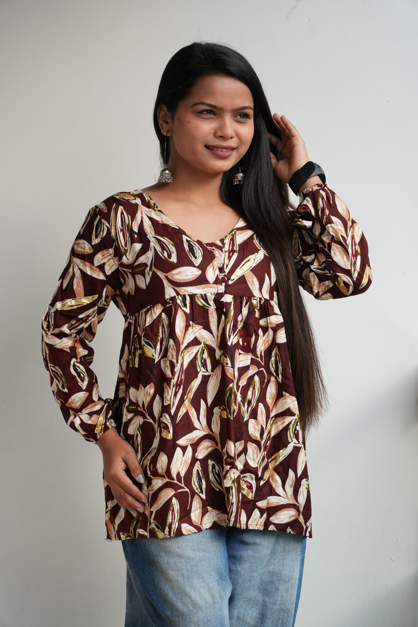 Women's leaves Printed V neck cross back frock pattern Kurti