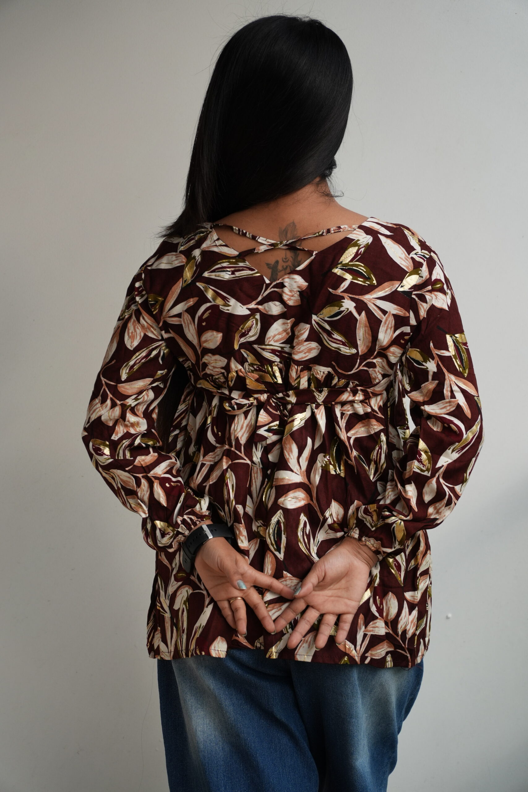 Women's leaves Printed V neck cross back frock pattern Kurti - Image 4
