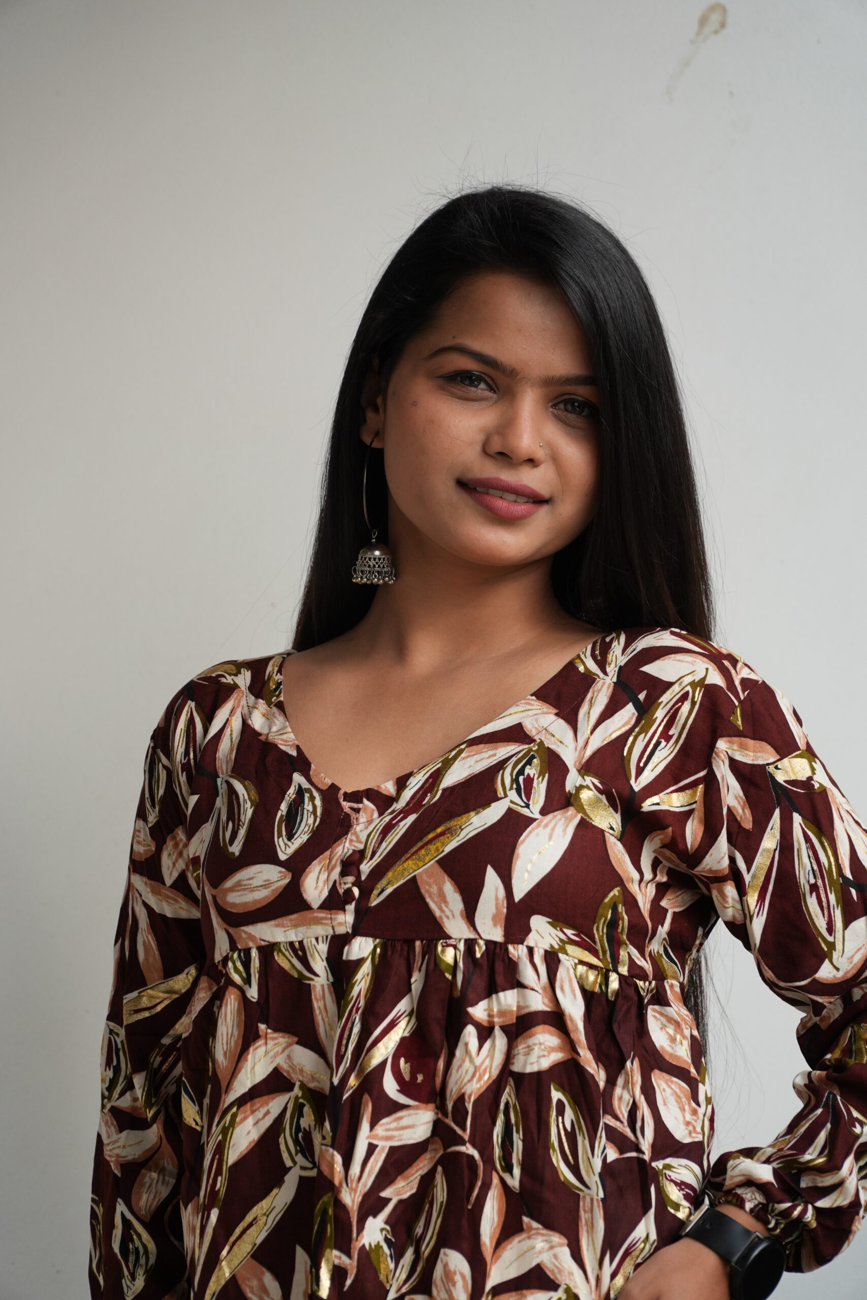 Women's leaves Printed V neck cross back frock pattern Kurti - Image 3
