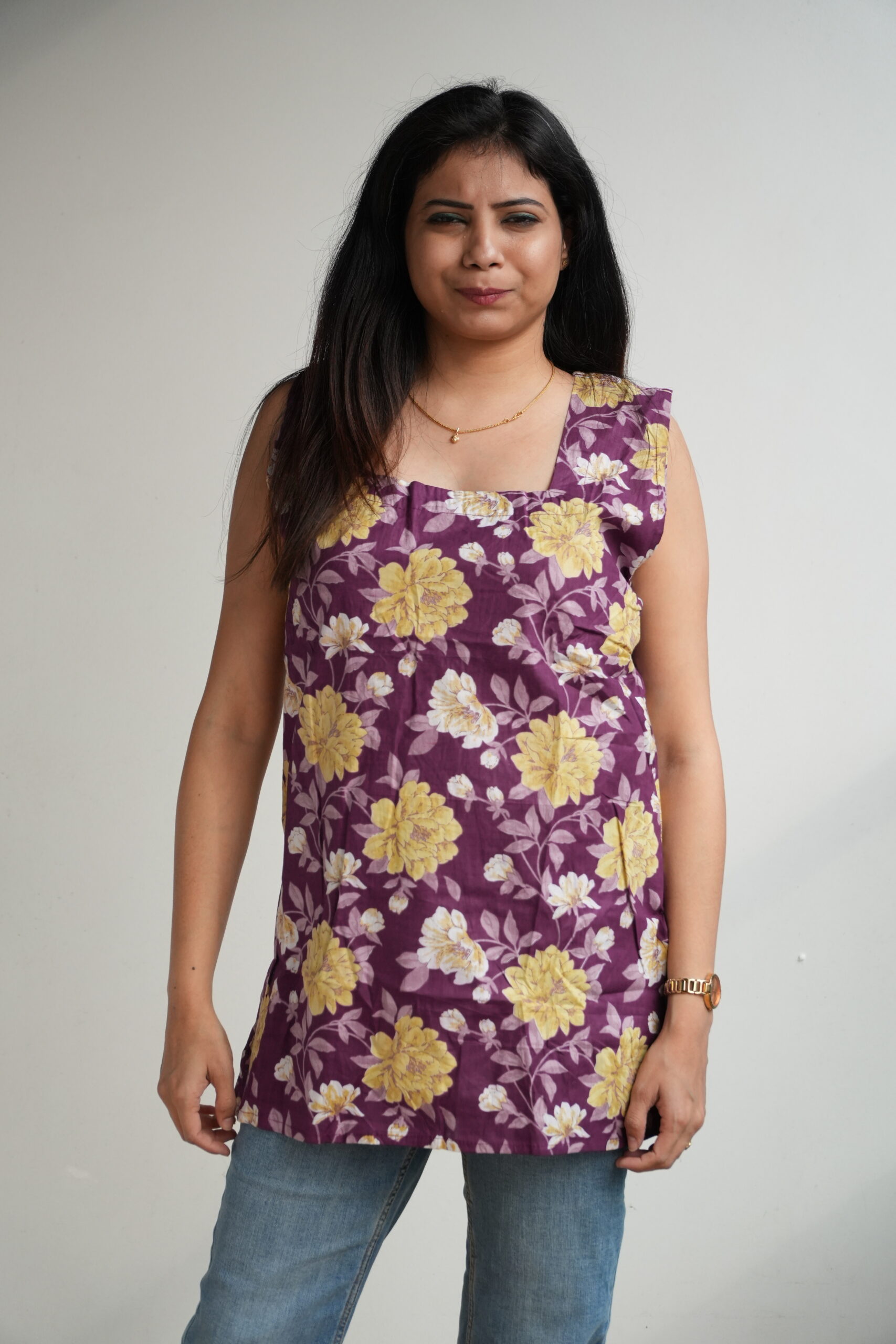 Women's Floral Printed Square Neck, Back Tie Sleevless Cotton Kurti - Image 6