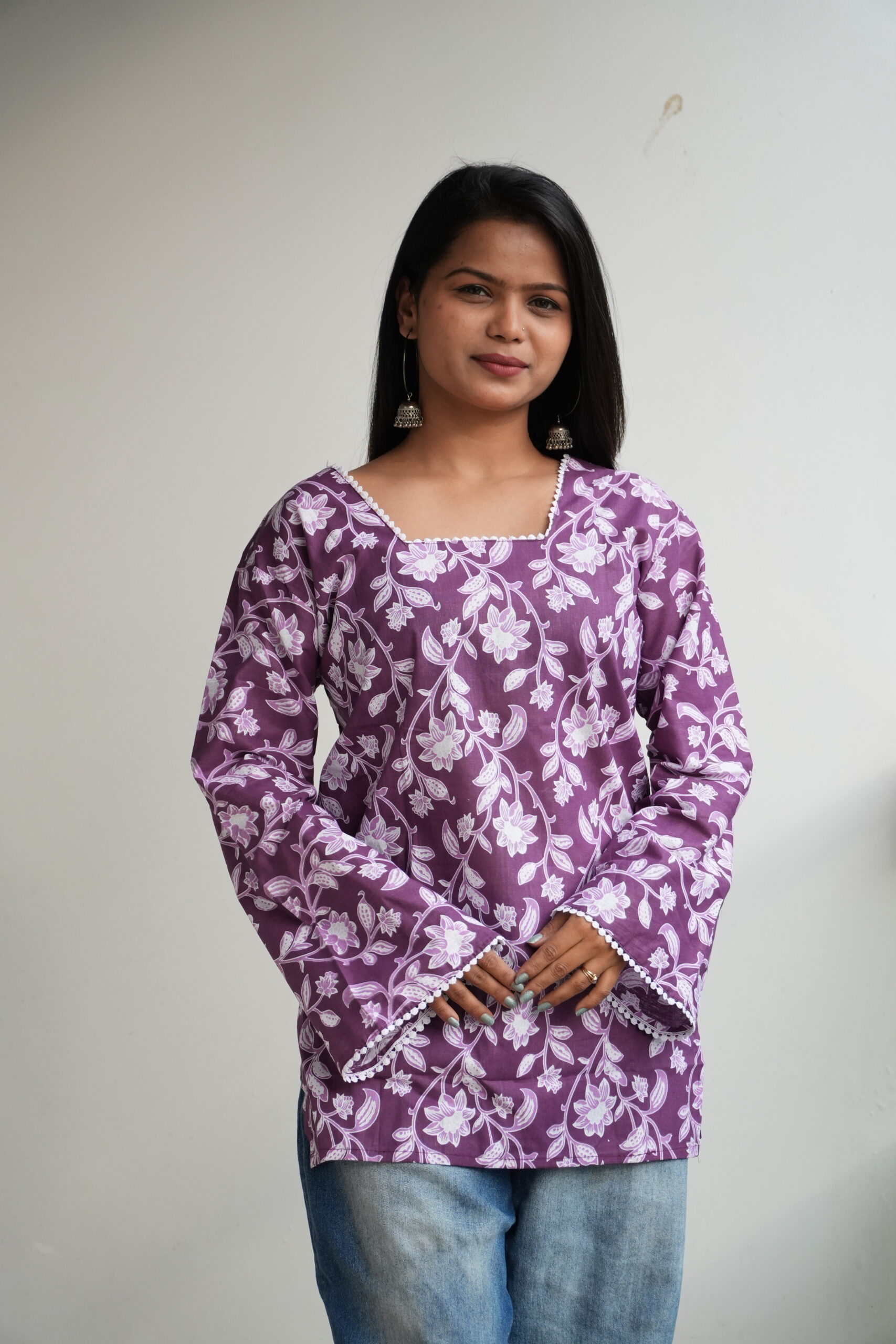 Women's Floral Printed Square Neck, Back Tie Bell Sleeves Cotton Kurti - Image 4