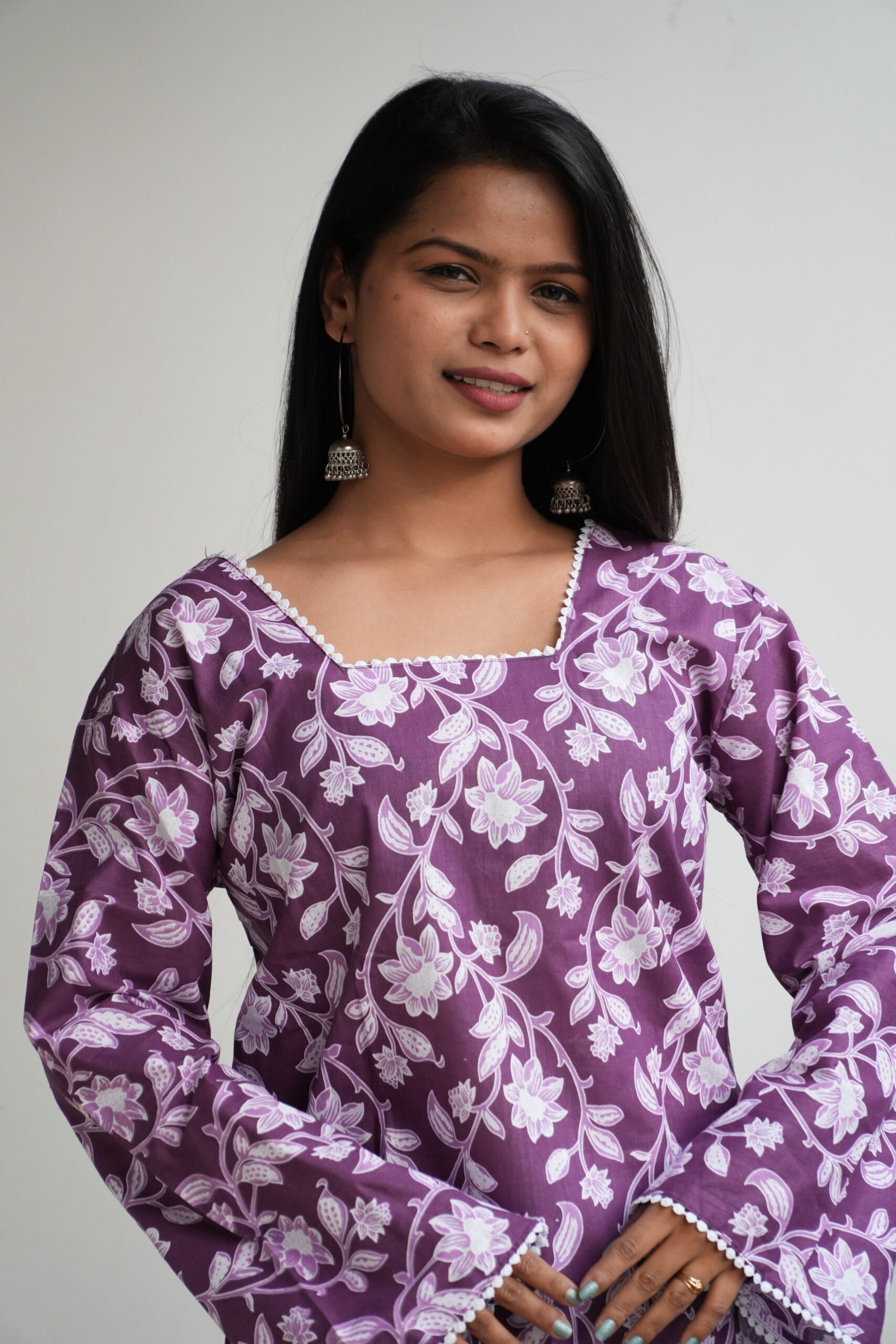Women's Floral Printed Square Neck, Back Tie Bell Sleeves Cotton Kurti - Image 2