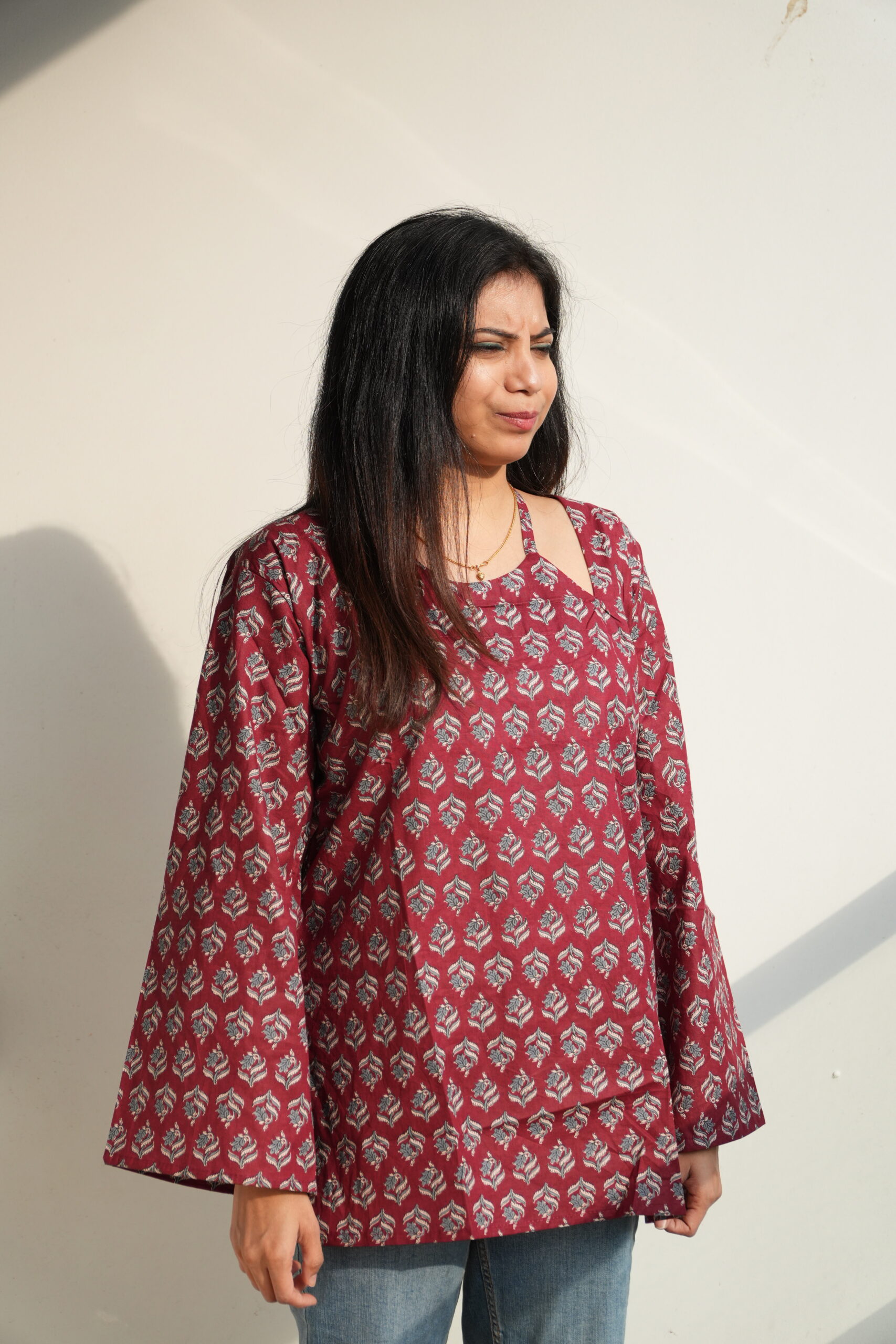 Women's Printed Masaba Neck Back Tie Bell Cotton Kurti