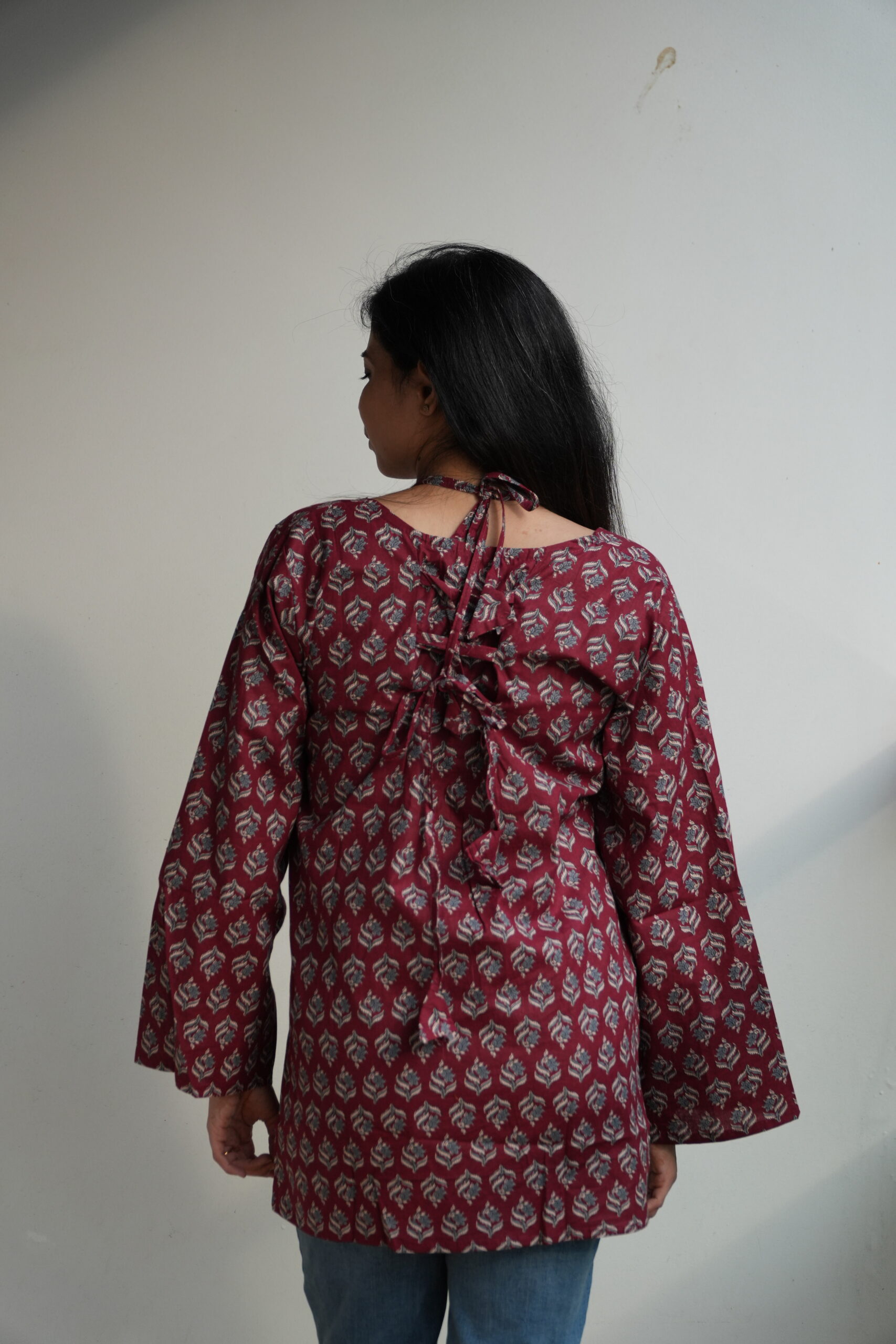 Women's Printed Masaba Neck Back Tie Bell Cotton Kurti - Image 3