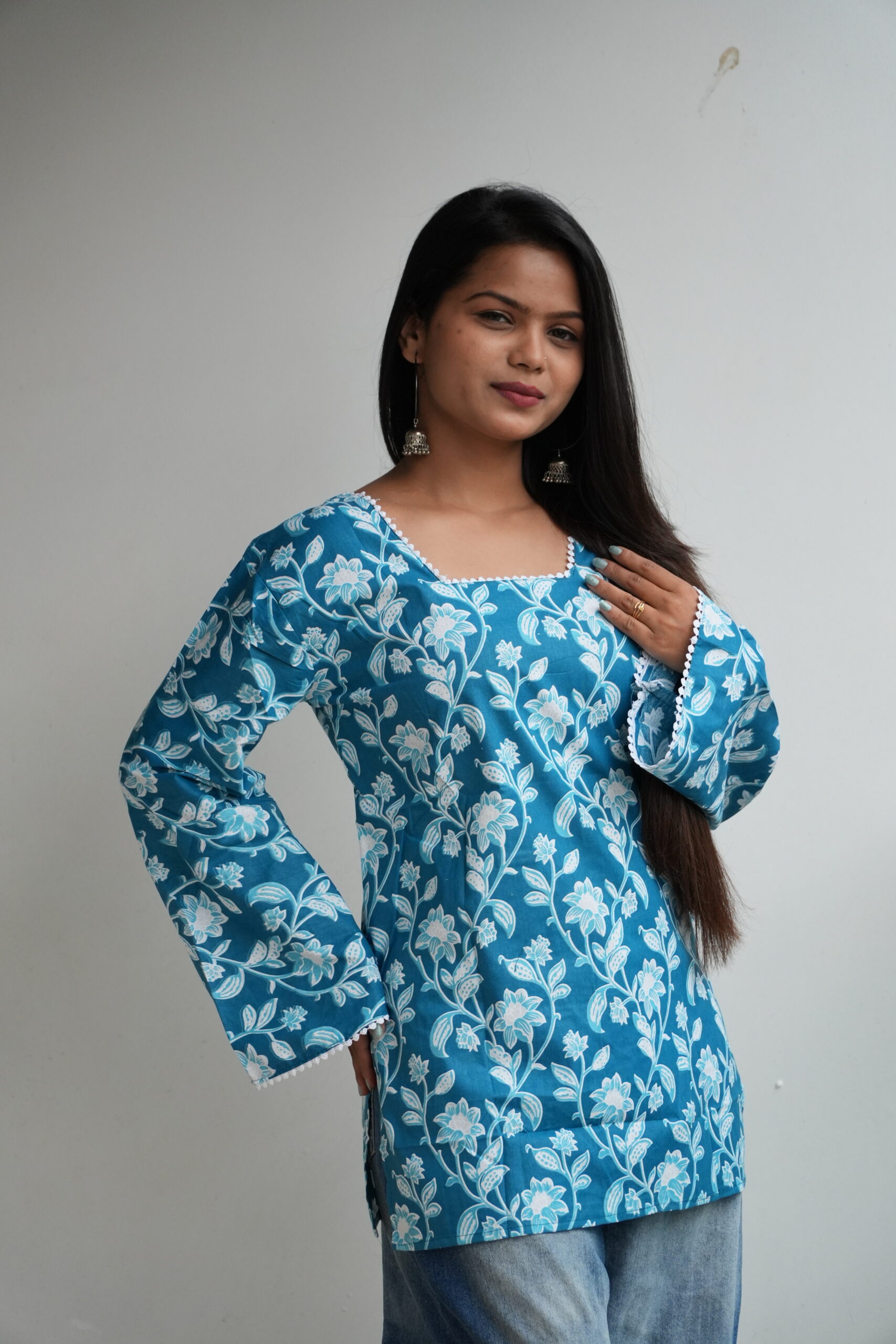 Women's Floral Printed Square Neck, Back Tie Bell Sleeves Cotton Kurti - Image 6