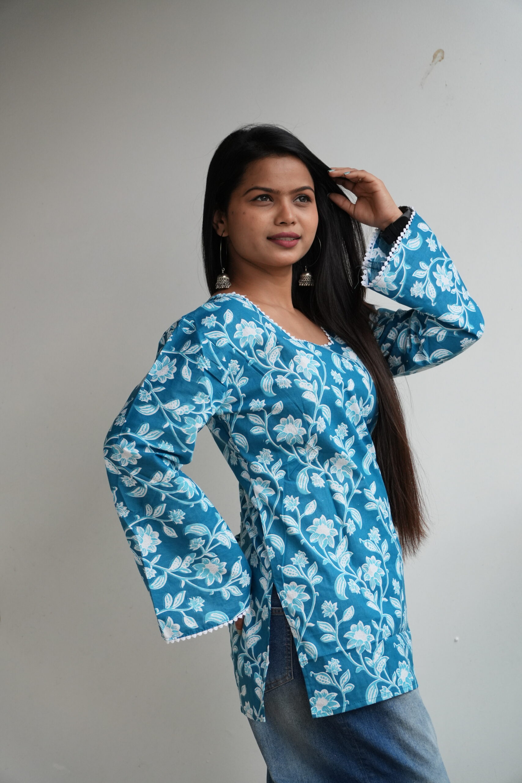 Women's Floral Printed Square Neck, Back Tie Bell Sleeves Cotton Kurti - Image 7