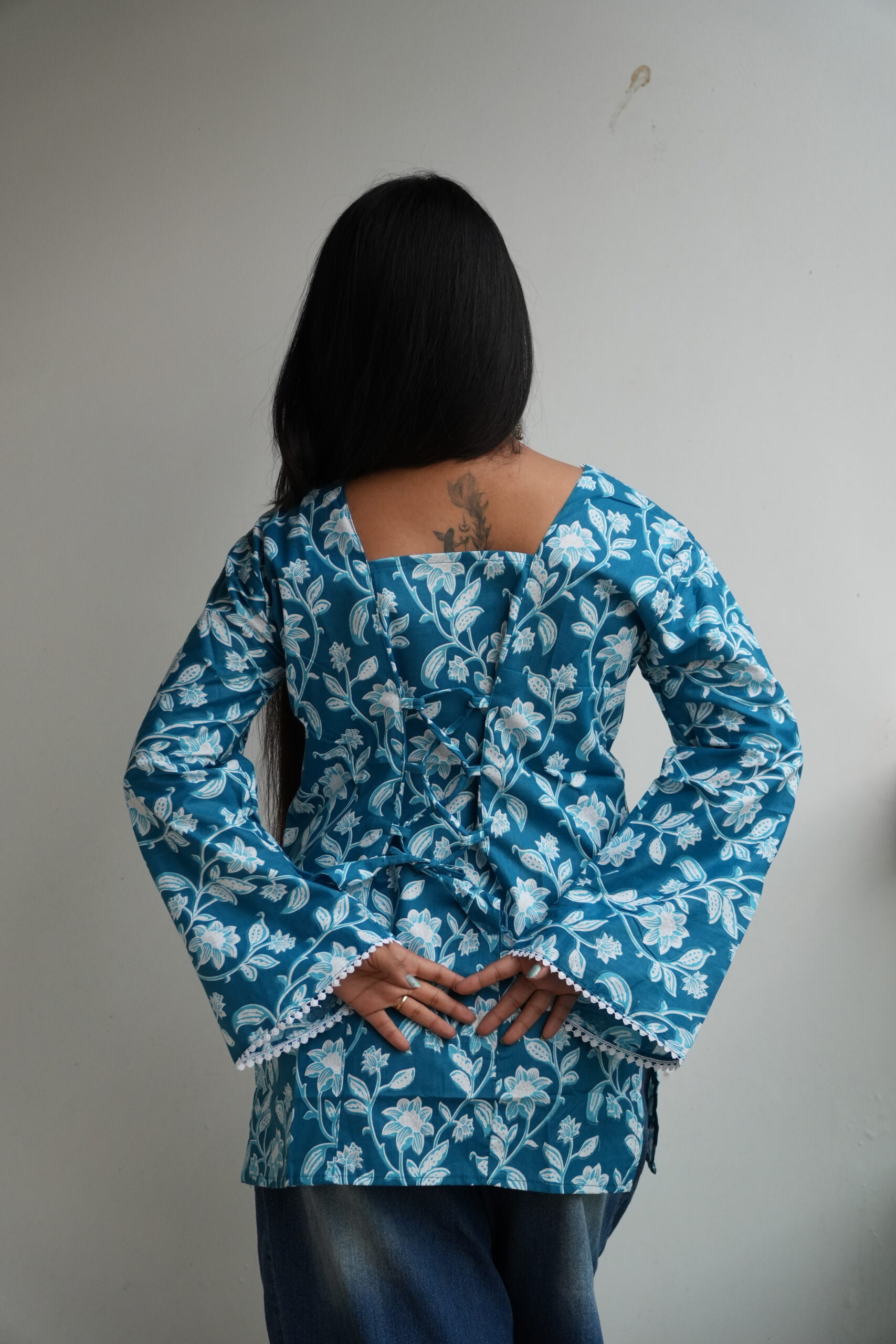 Women's Floral Printed Square Neck, Back Tie Bell Sleeves Cotton Kurti - Image 8